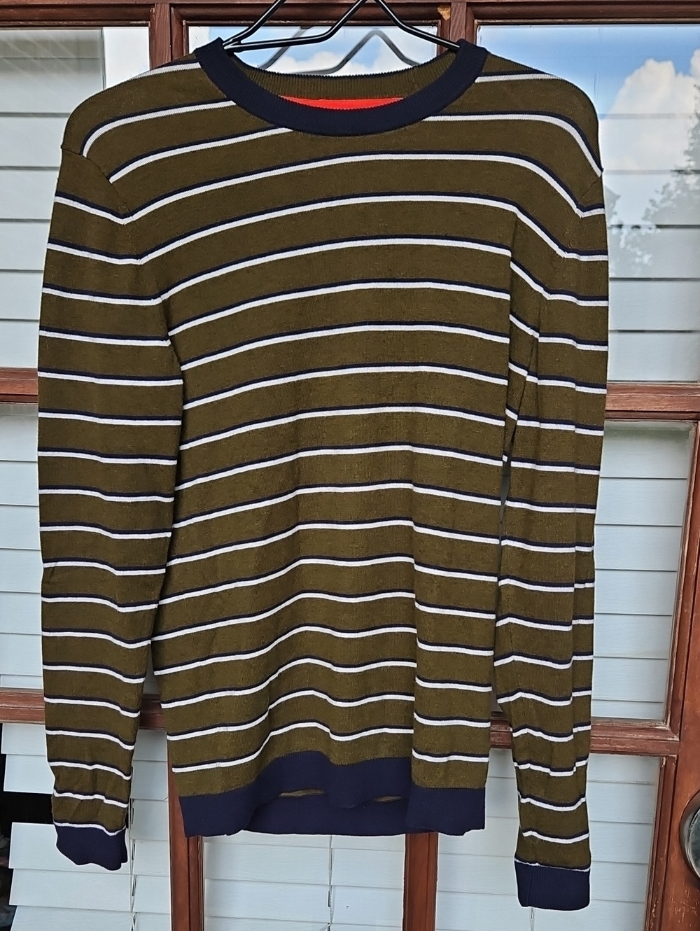 Ted Baker Men Size Small Green Striped Crewneck Sweater Navy Trim Silk Blend - Picture 2 of 6